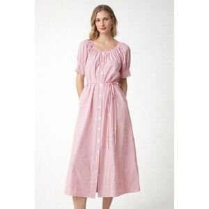 J.Crew Button Up Poplin Midi Dress‎ Size XL Striped Cotton Poplin Red Peasant